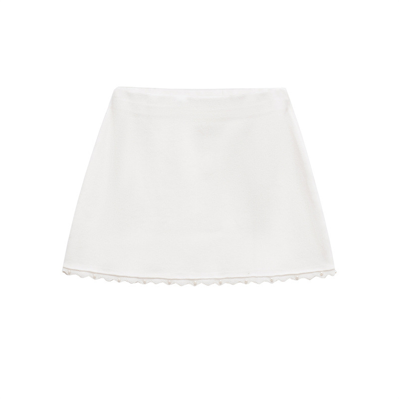Artificial Decorated Pearls Warp Knitted Top Mini Skirt Suit Skirt S - Shop at LoveMi