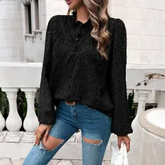 Temperament Leisure Ripped Polo Puff Sleeve Cardigan Button Long Sleeve Top - Black - View 1