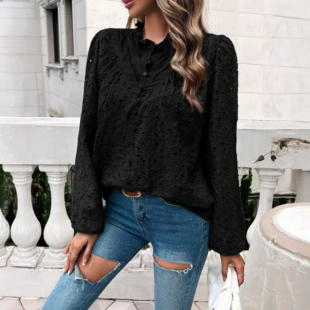 Temperament Leisure Ripped Polo Puff Sleeve Cardigan Button Long Sleeve Top Black - Shop at LoveMi