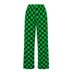 Chessboard Plaid Printed Women's High Waist Wide-leg Casual Pants - Green - View 1