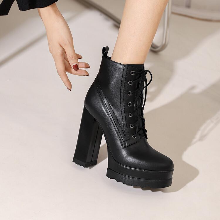 Title 4, 14cm Platform Lace-Up Martin Boots Round Toe Ch...