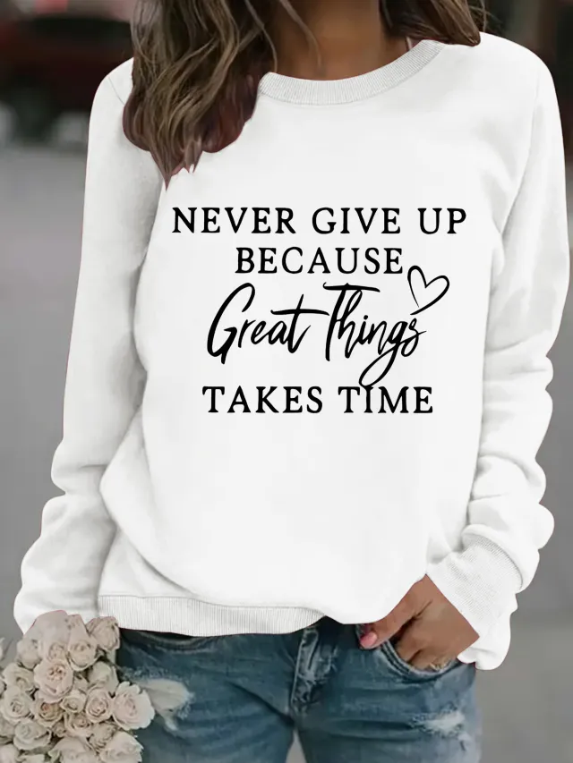 Casual Long Sleeve Round Neck Print Sweatshirt White - Shop at LoveMi