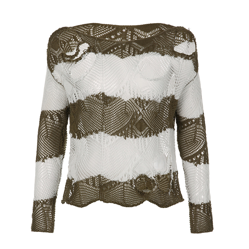 Broken Hole Design Loose Woolen Blouse Mixed Color Stripe T-shirt