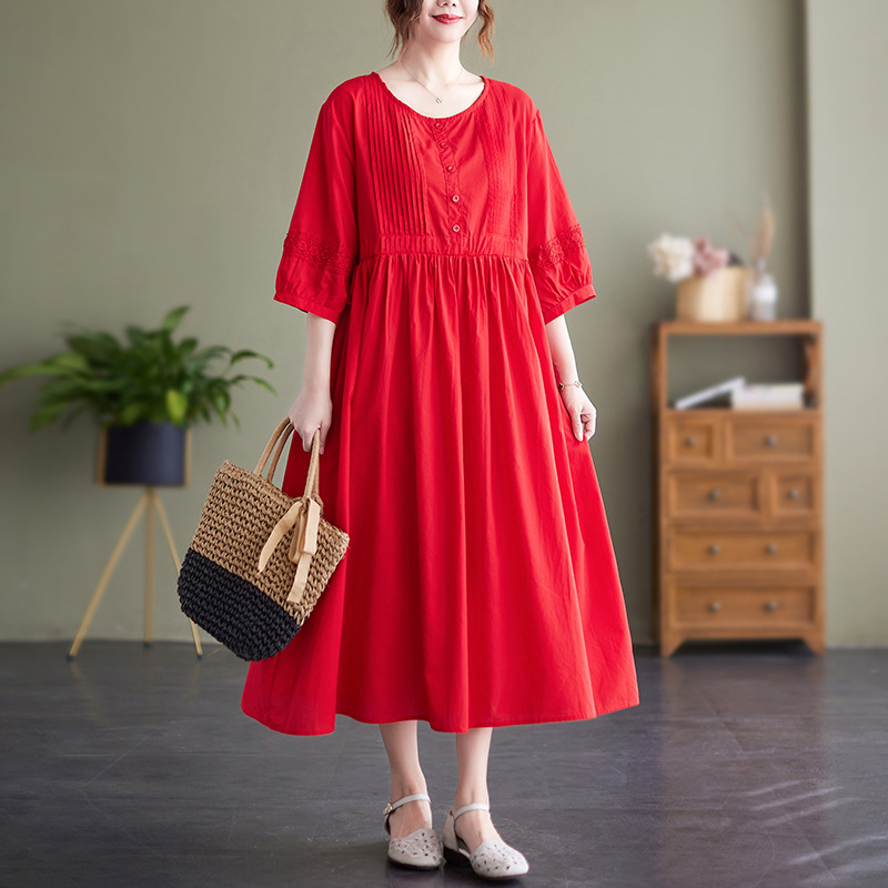 Solid Color Breathable Waist Tied Rope Large Swing Dress