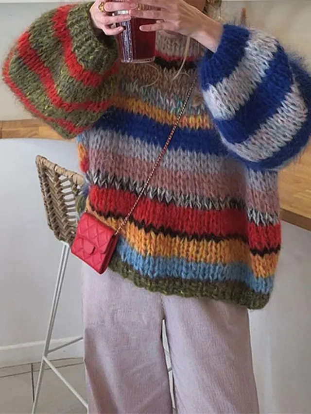 Round Neck Loose Contrast Color Striped Sweater - Shop at LoveMi