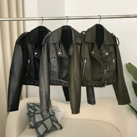 Spring and Autumn Women's Two-color Washed Leather Worn Motorcycle