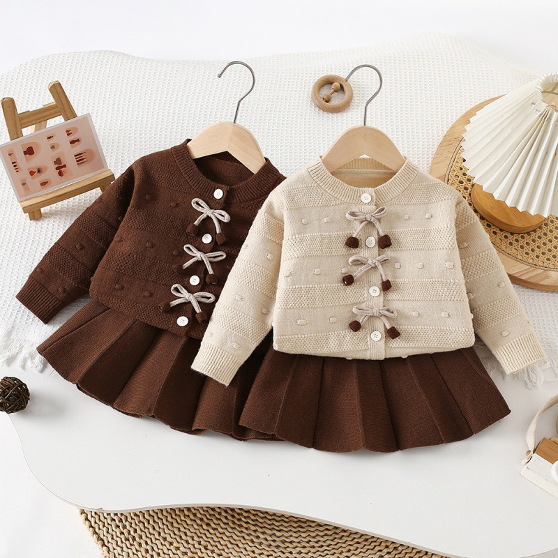 Girls Bow-Knot Beaded Sweater And Skirt Two-Piece Set product image