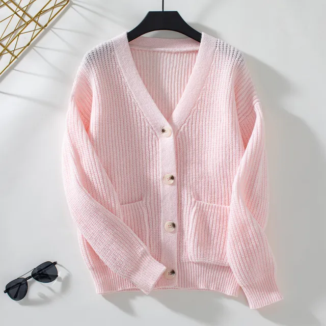 European And American Autumn And Winter New Women's Knitwear V neck Single Breasted Sweater Pink - Shop at LoveMi