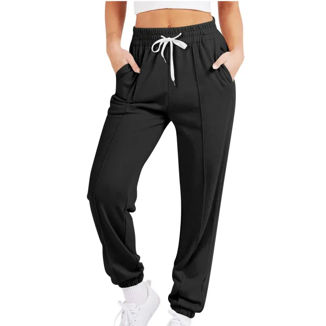 Women's Casual Drawstring Solid Color Sports Jogger Pants Black - Shop at LoveMi