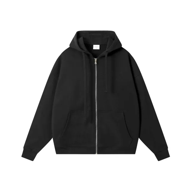 Loose Drop shoulder Combed Cotton Hooded Zipper Sweatshirt Sesame Black - Shop at LoveMi