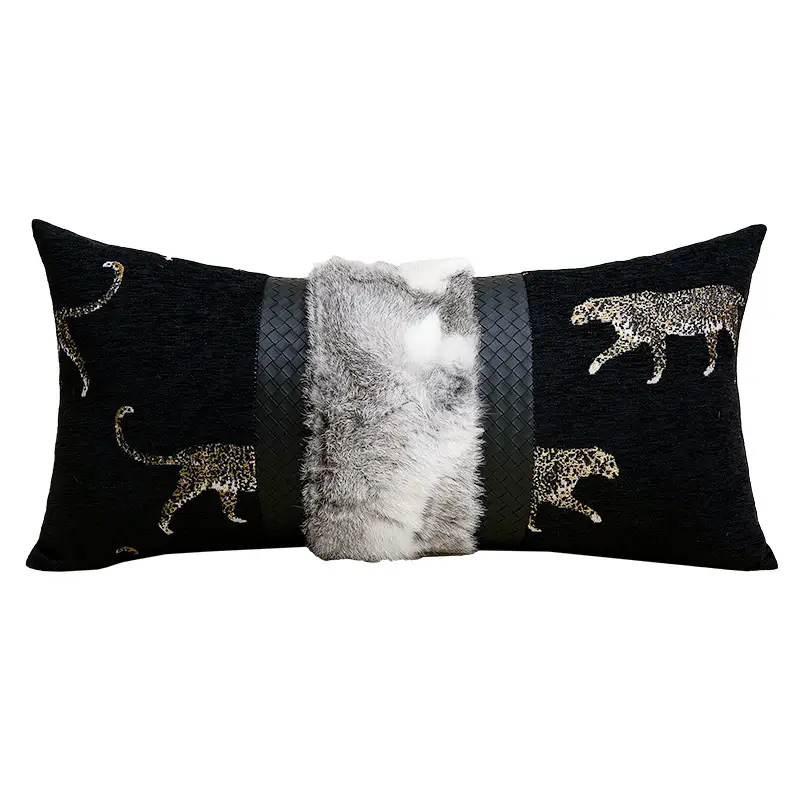 French-style Luxury Sofa Black-and-gold Throw Cushion Backrest Fur Fabric Decorative Lumbar Pillow Cover