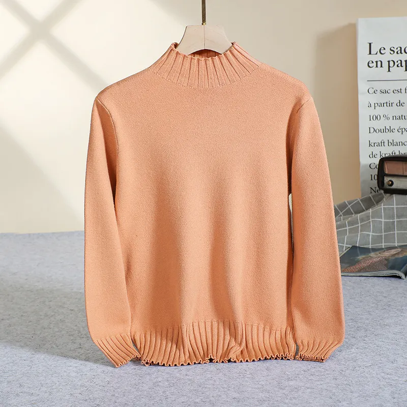 All-matching Solid Color Pullover Loose Thick Half Turtleneck Knitted Bottoming Shirt - Coral Red