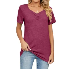 Women's Fashion V-neck Pleated Casual Solid Color Loose T-shirt - Wine Red - View 1