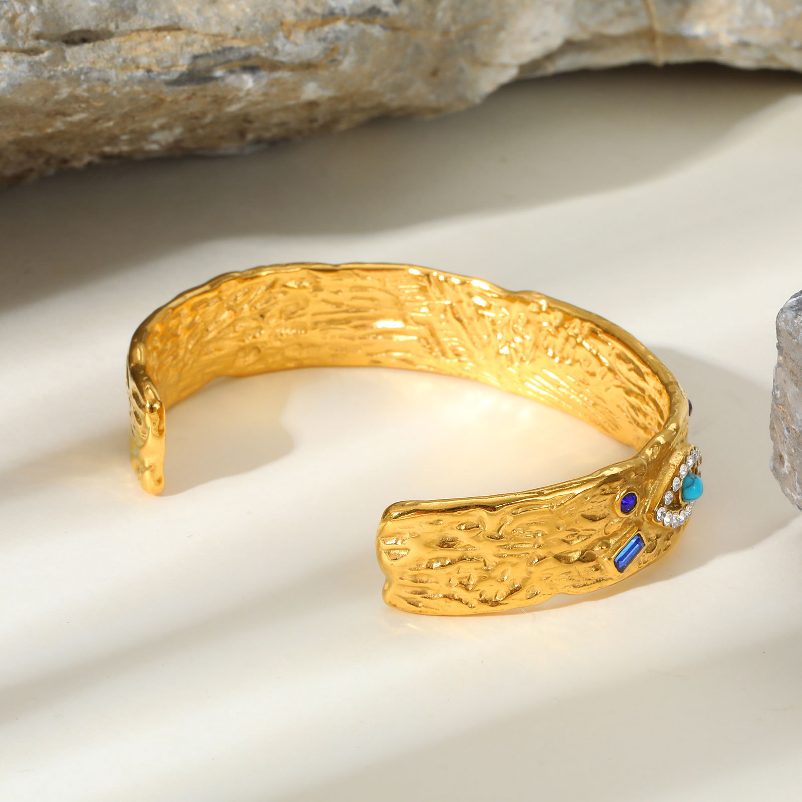 Stainless Steel Zircon Turquoise Eye Open Bracelet In Gold Color 48b4af22 6d42 4229 8214 43220834b760