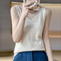 Women's Sleeveless V-neck Solid Colour Cashmere Vest - Beige - View 1