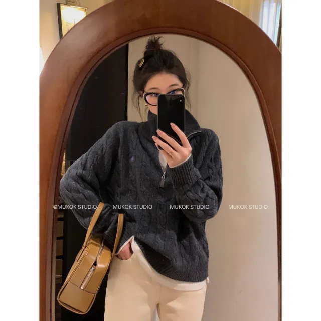 Twist Design Pure Color All matching Soft Glutinous Fashionable Long Sleeve Knitted Top Dark Gray - Shop at LoveMi