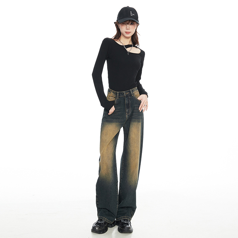 American Style Nostalgic Blue Wide Leg Jeans For Women Yellow - Shop at LoveMi