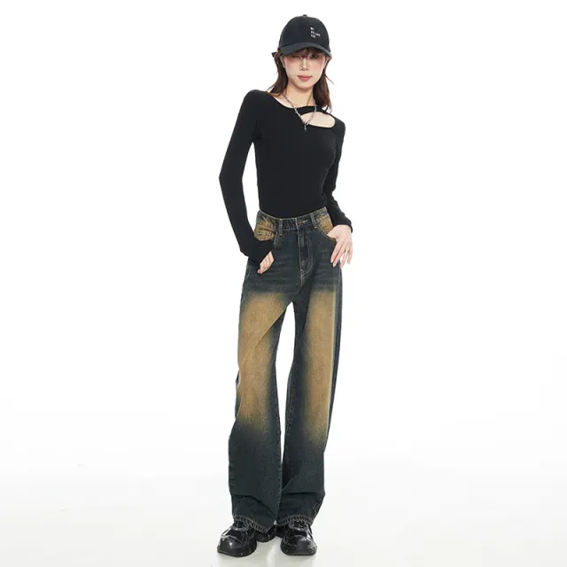 American Style Nostalgic Blue Wide Leg Jeans For Women Desert Yellow Trousers - Shop at LoveMi