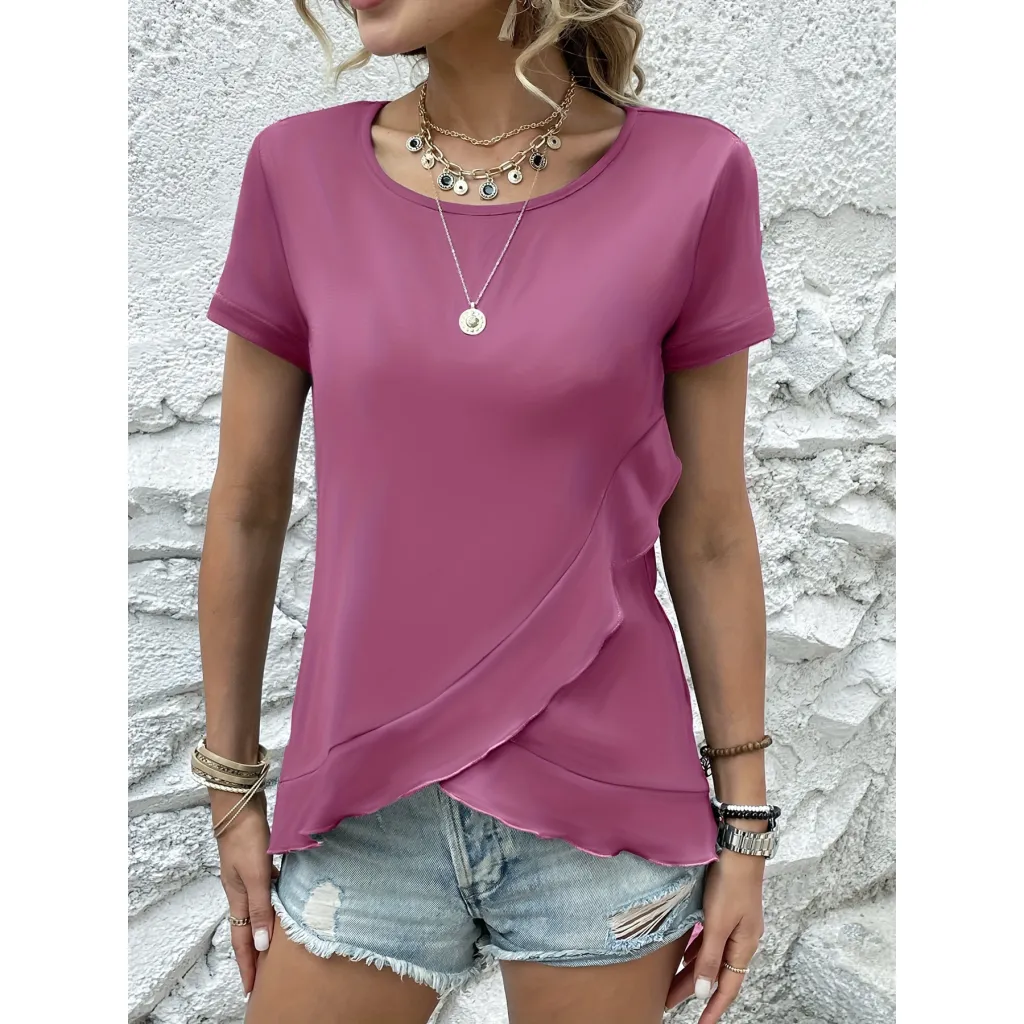 Women's Summer New Slim Fit Slimming Flounce Short Sleeve T-shirt Top - Rouge Color-Xxl