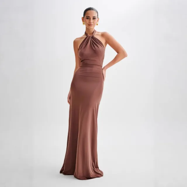 Ins Bodycon Halter Dress Sexy Backless Slim Fit Waist Slimming Maxi Dresses Prom Party Club Clothing For Women Brown - Shop at LoveMi