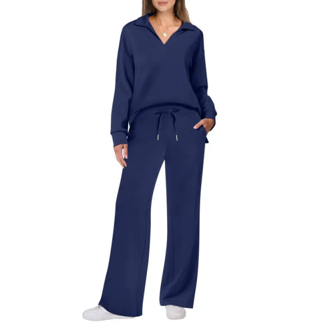 Women's Tracksuit Sports Suit V neck Long sleeved Pullover Top And Drawstring Straight leg Trousers Casual Solid Trousers Set Blue - Shop at LoveMi