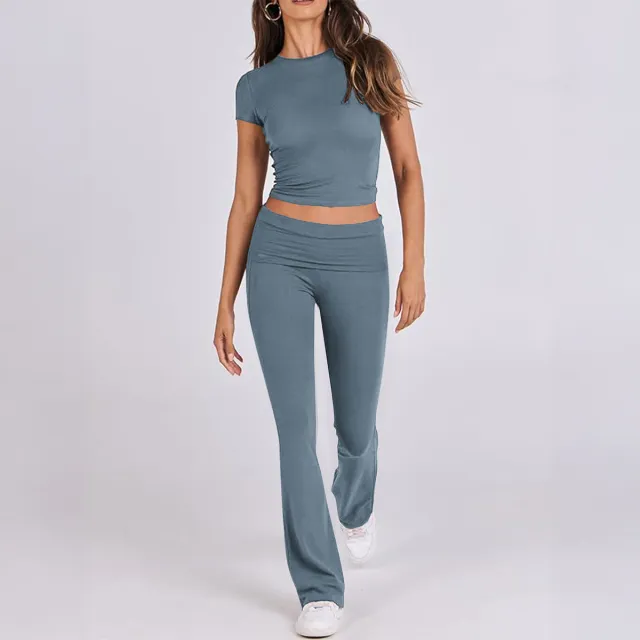 European And American style Sporty Short sleeve T shirt And Long Pants Two piece Women's Outfit Gray - Shop at LoveMi
