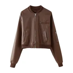 Short Jacket Fried Street Leather Clothing With Stand Collar Coat - Dark Brown - View 1