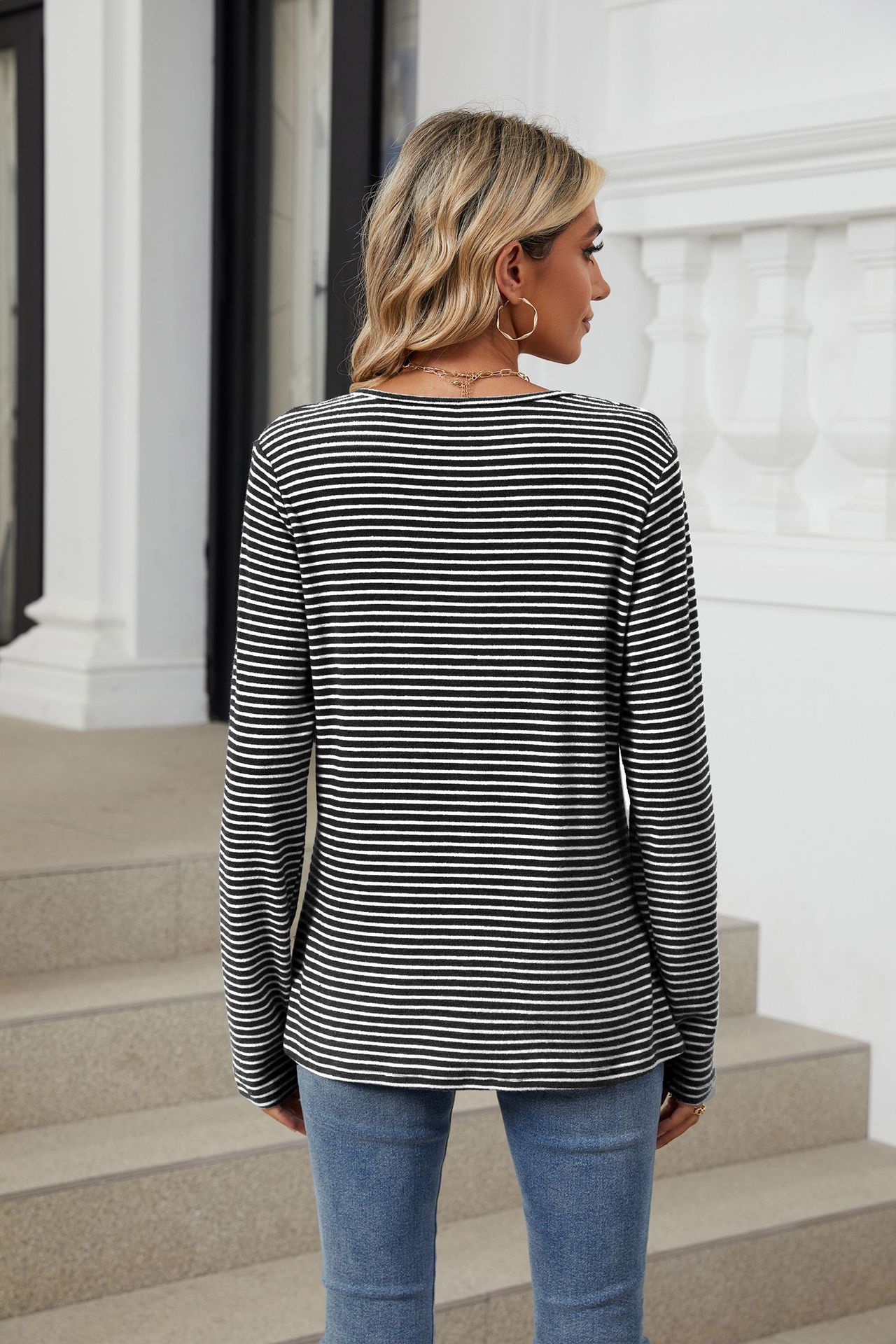 Title 21, Round Neck Button Solid Color Striped Casual T-...