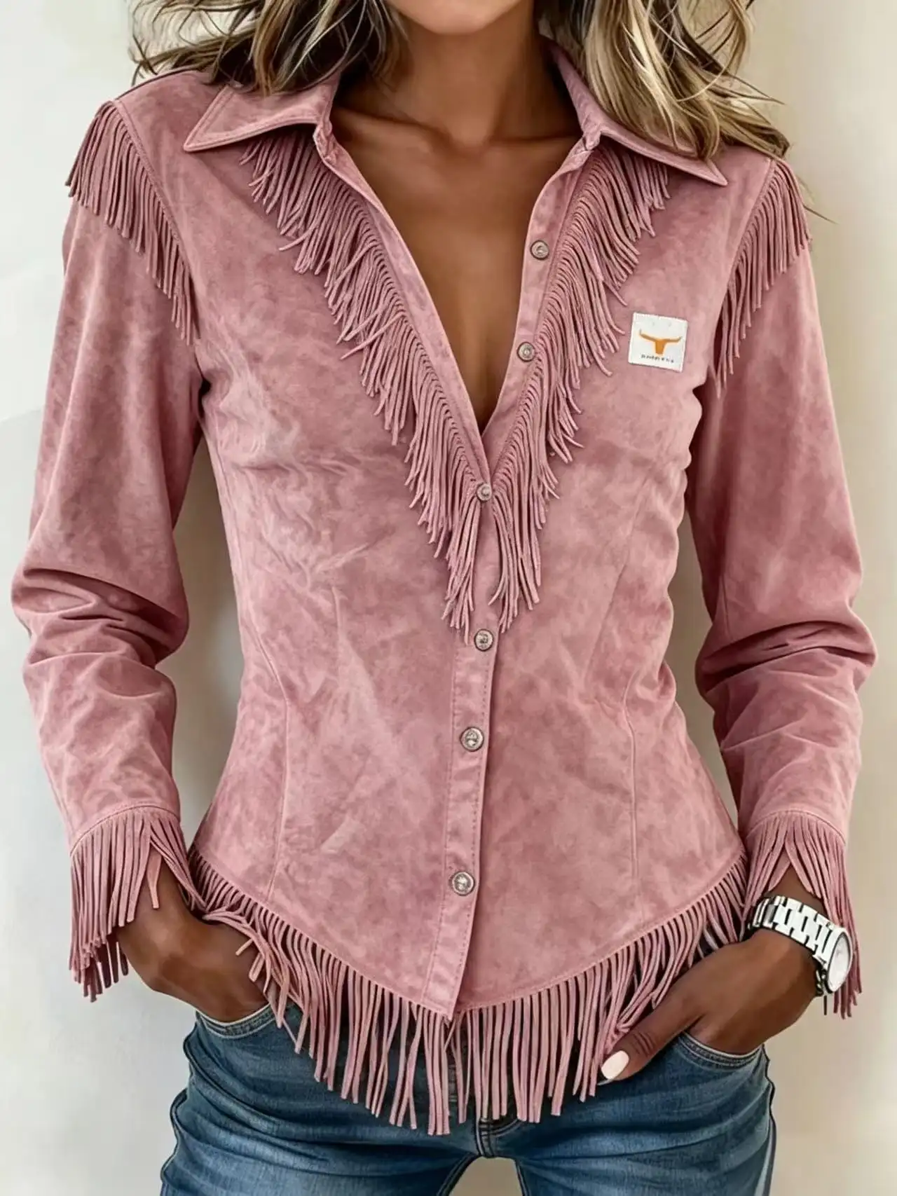 Western Cowboy-Style Suede Fringe Slim-Fit Long-Sleeve Shirt