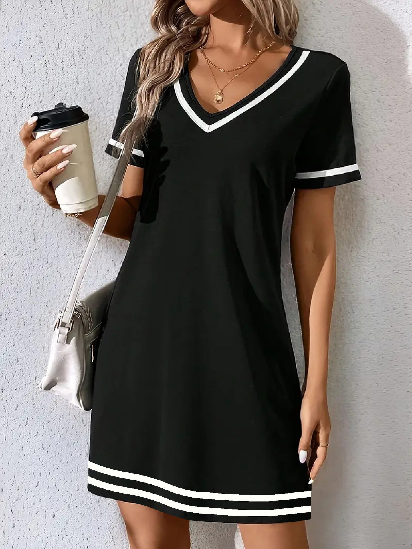 Women's contrast-color dress styled – V-neck A-line short sleeve elegant