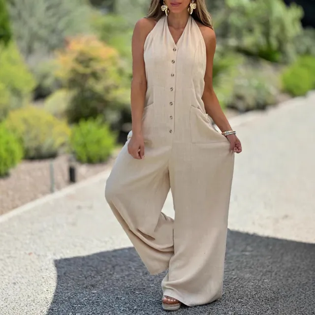 European And American Solid Color Jumpsuit Backless Sleeveless Loose Cotton Linen Apricot - Shop at LoveMi