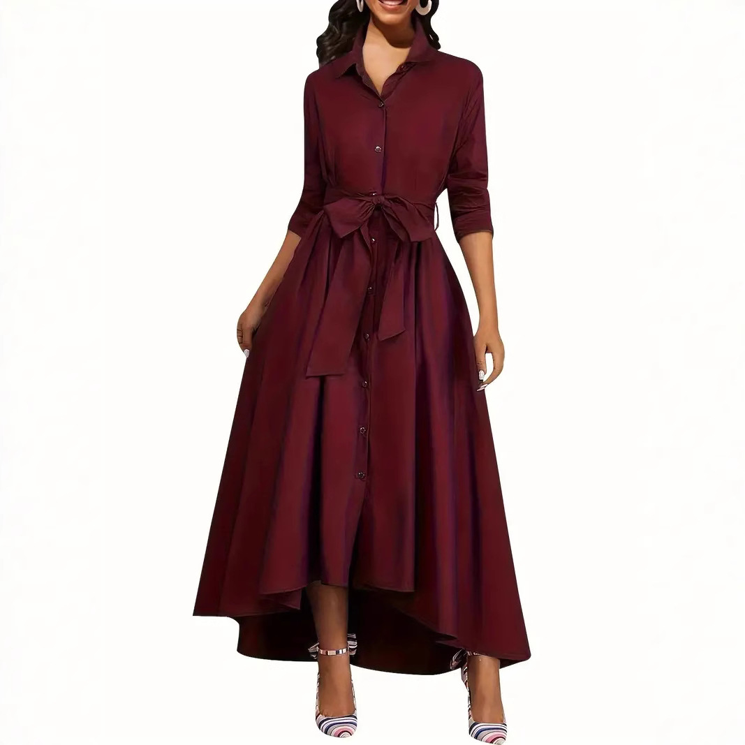 Long Sleeve Midi Dress Spring Casual Style Wine Burgundy - Shop at LoveMi