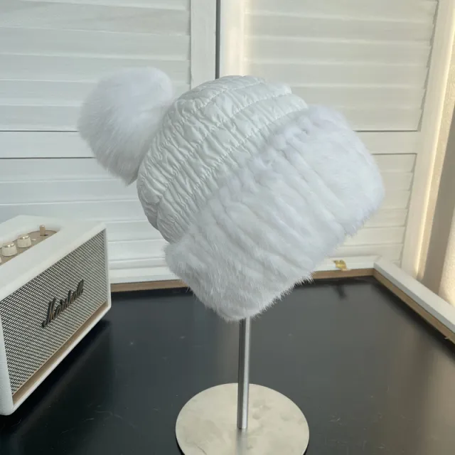 Winter Warm Mink Fur Woven Mink Fur Cap Women's Cute Fox Fur Ball Down Cotton Ear Protection Fur Hat White - Shop at LoveMi