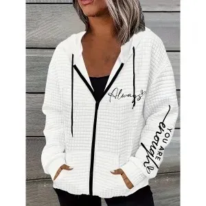 Women's Casual Printed Zipper Hooded Long Sleeve Sweater Coat White - Shop at LoveMi