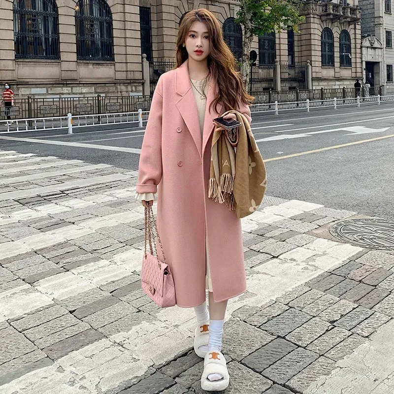 Autumn And Winter New Korean Style Loose Mid-length Hepburn Style Woolen - Pink