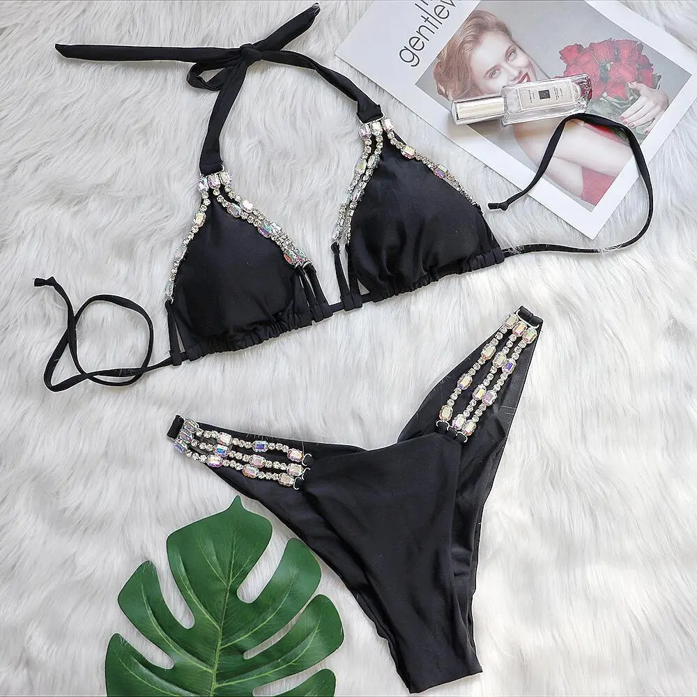 Metal Diamond Studded Chain Strap Women's Fission Swimsuit - Black