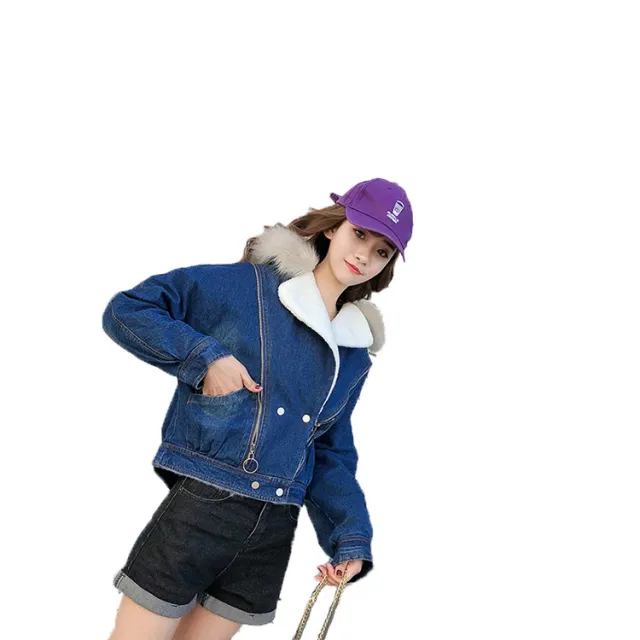 Big Fur Collar Short Women's Denim Jacket Fleece lined Thickened Blue - Shop at LoveMi