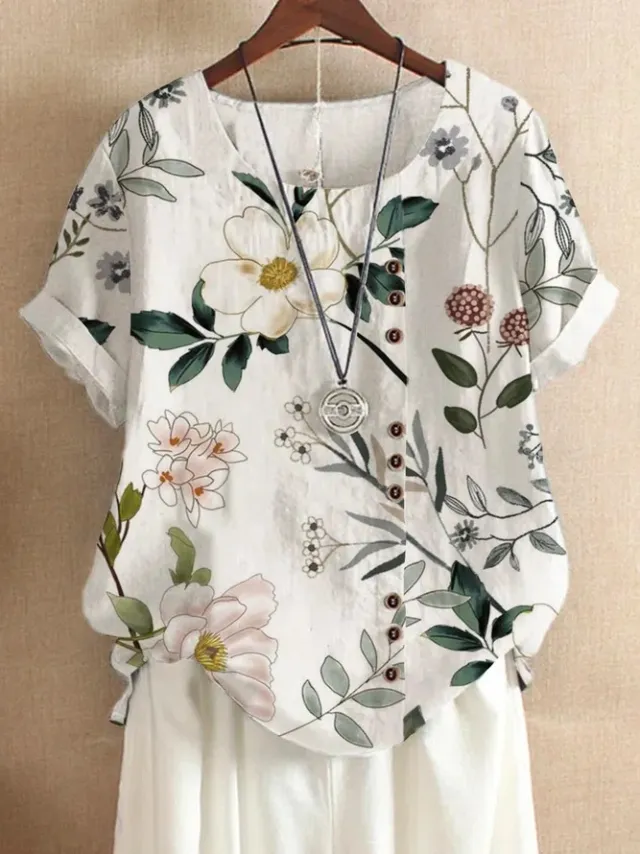 Retro Cotton And Linen Printed Loose Casual Shirt Short sleeved T shirt For Women Flower 5 S - Shop at LoveMi