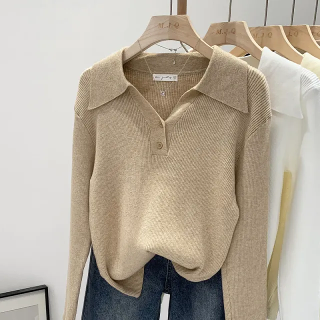 Polo Collar Button Base Long Sleeve Inner Wear Short Sweater Beautiful Top Jm166 Heather Camel - Shop at LoveMi