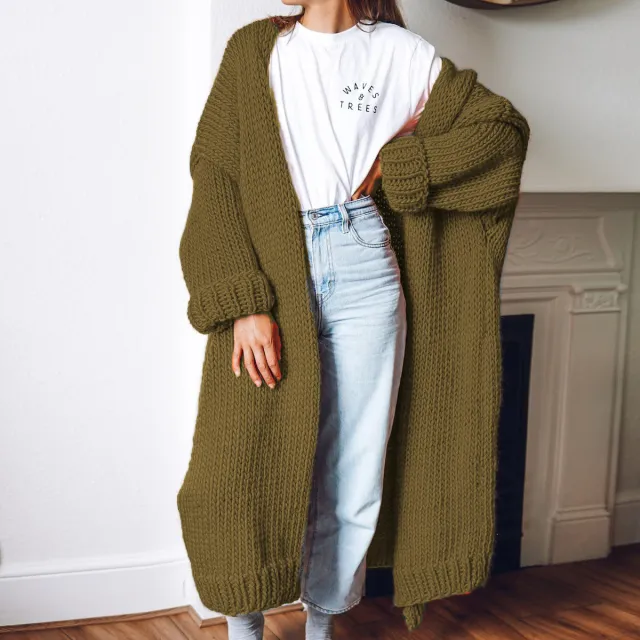 Long Solid Color Plus Size Loose Cardigan Sweater Coat Army Green - Shop at LoveMi