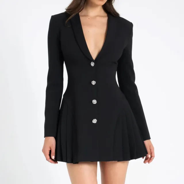 V neck Long sleeve Suit Dress For Women Black - Shop at LoveMi