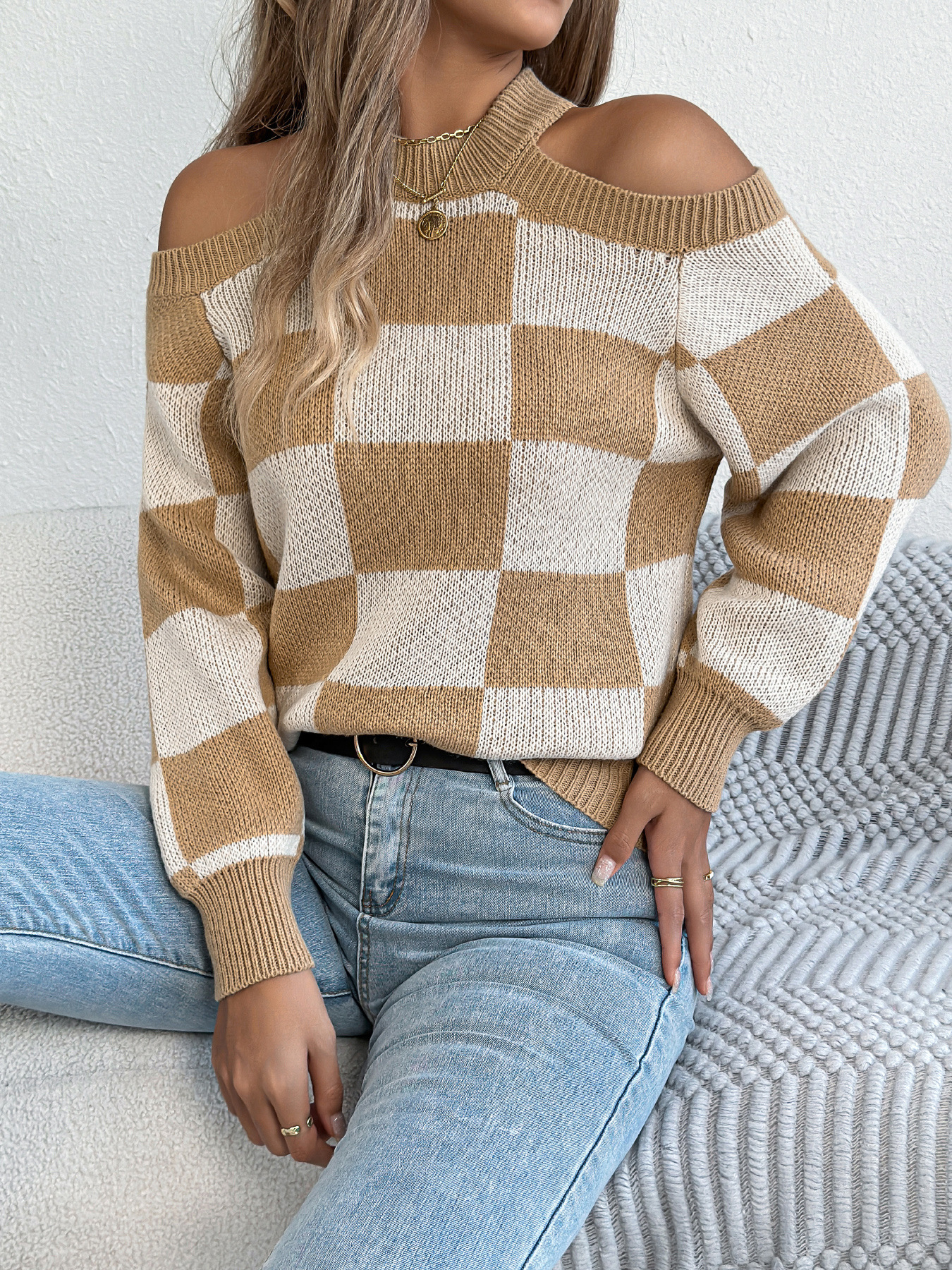 Off-the-shoulder Contrast Color Plaid Lantern Long Sleeve Sweater