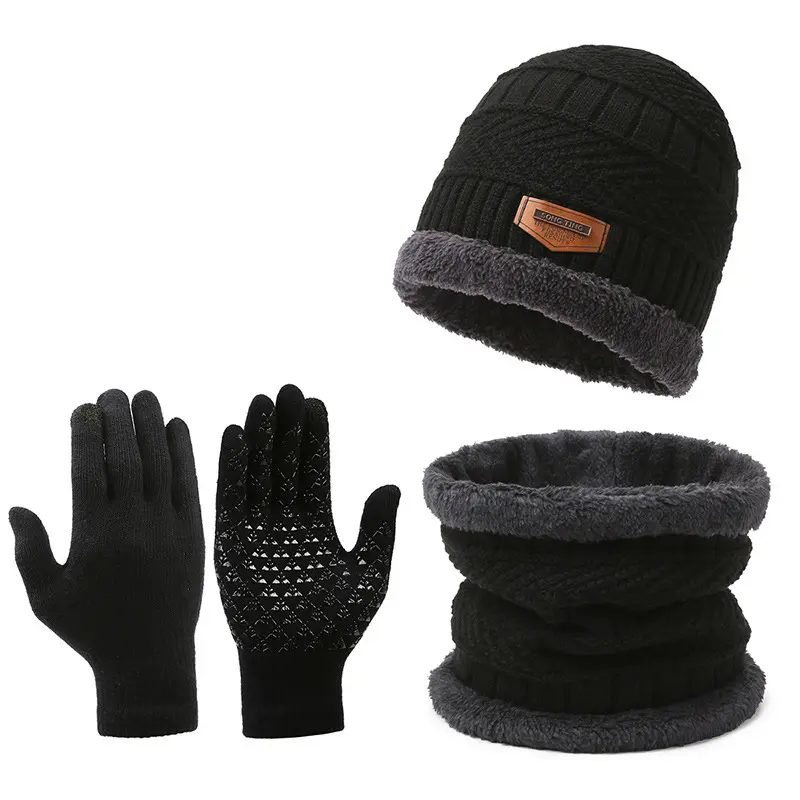 Men's Winter Scarf Gloves Three-piece Set Fleece-lined