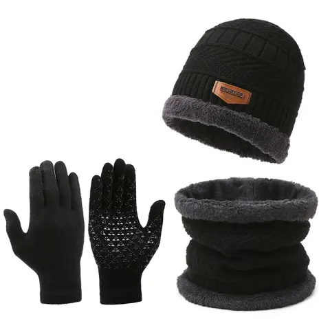 Men's Winter Scarf Gloves Three-piece Set Fleece-lined Warm Knitted