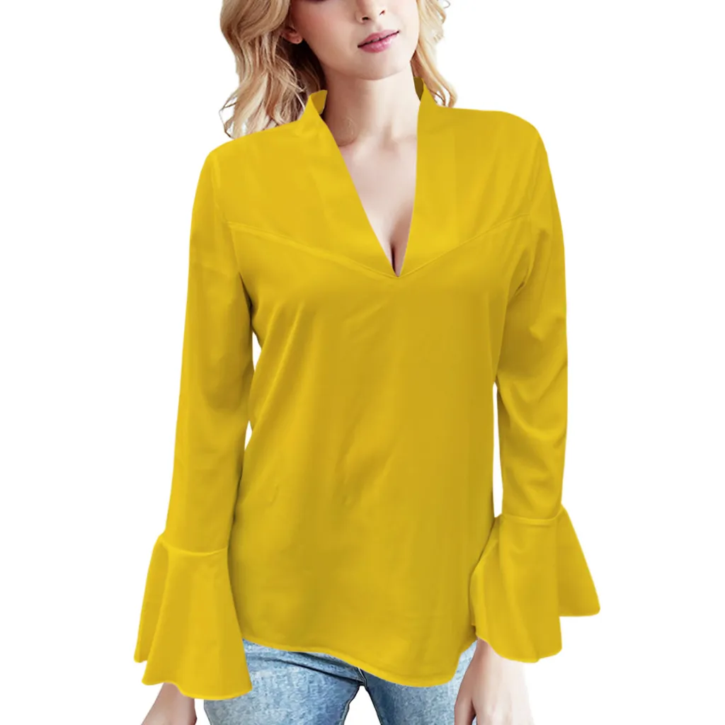 European And American Low Cut Rhinestone High Collar Solid Colour Lotus Leaf Long Sleeve Shirt - Yellow