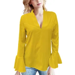 European And American Low Cut Rhinestone High Collar Solid Colour Lotus Leaf Long Sleeve Shirt - Yellow - View 1