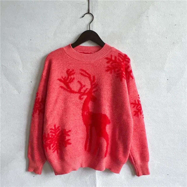 Round Neck Long Sleeve Christmas Sweater Snowflake Deer Jacquard Sweater Red - Shop at LoveMi