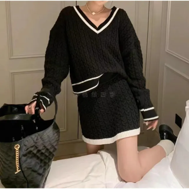 Autumn Winter Retro Contrast Color Hemp Pattern Sweater Skirt Two piece Set For Women Black - Shop at LoveMi