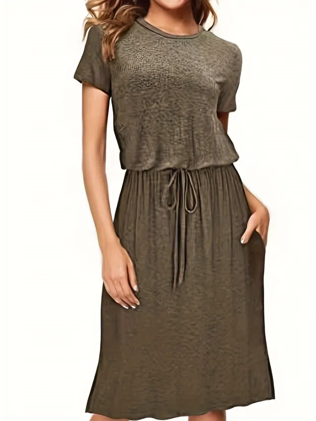 Waist tight Pure Color Split Irregular Crew Neck Dress Brown - Shop at LoveMi
