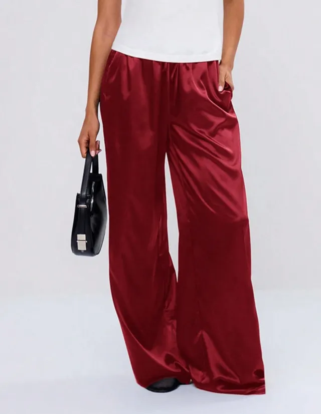 Satin Loose Wide Leg Drawstring Long Pants Red - Shop at LoveMi